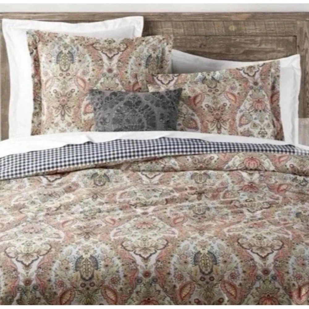 Pottery Barn Florentine King Duvet Cover w/ 3 Euro Shams Paisley Gingham Organic